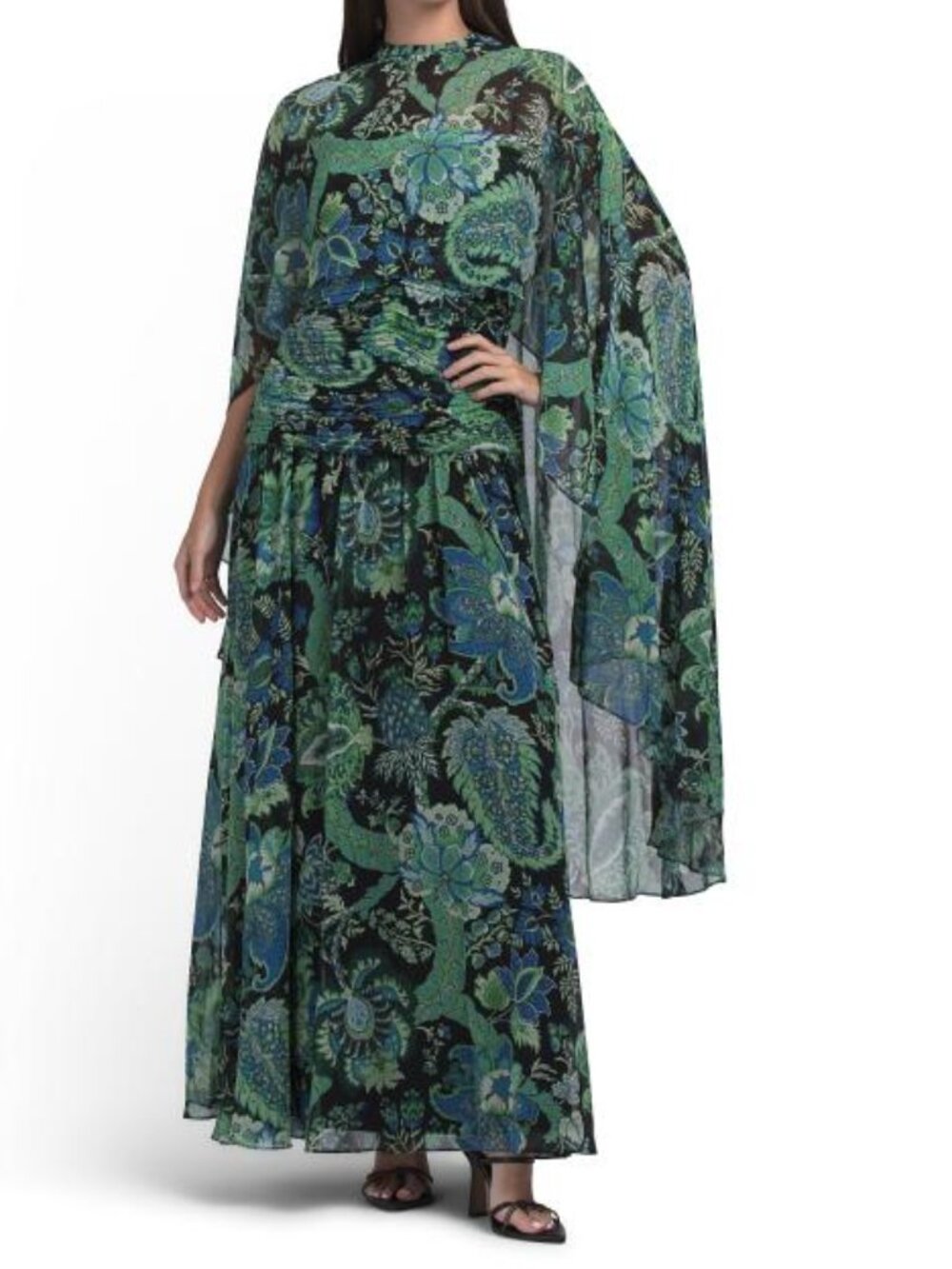 UNGARO Black Green Gretchen Printed Dress With Cape
